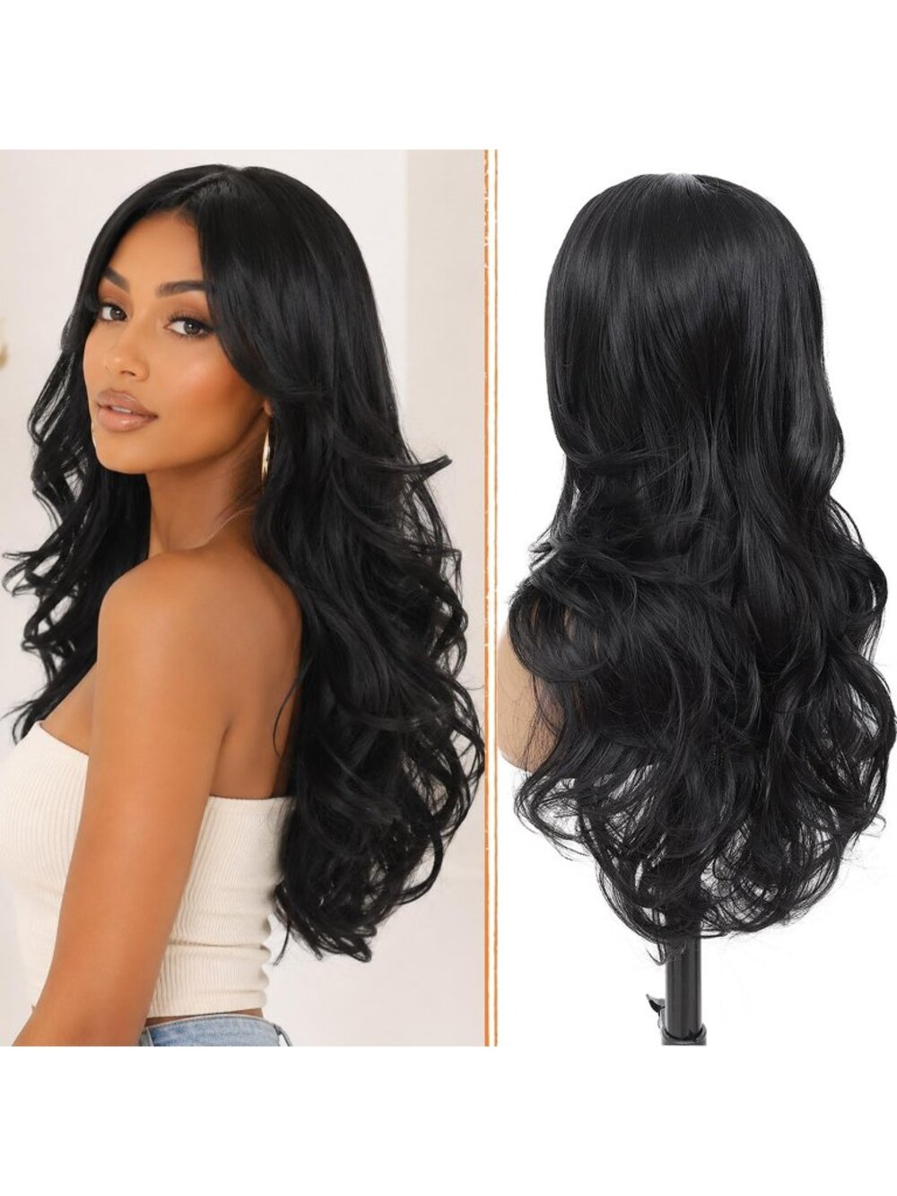 Women's Black Heat Resistant Synthetic Layered Modern Long Wavy Wigs